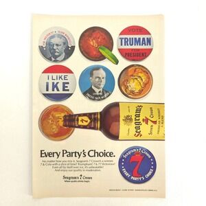 Seagrams 7 Crown Print Ad 1980 Truman Ike Roosevelt Political Button Bar Whiskey